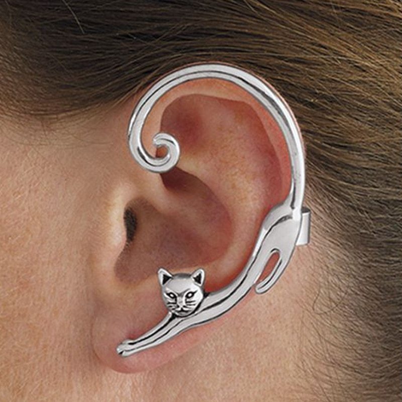 Single Piece Punk Style Cat Post Earring with Ear Cuff Rock Animal Black Stud Earring