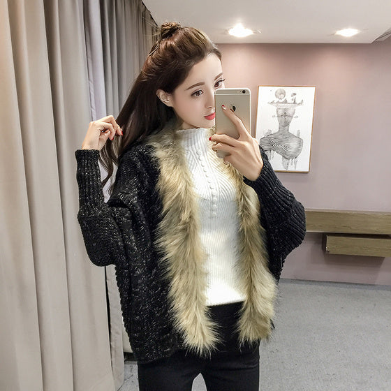 Autumn wear loose wild large size women's autumn and winter fur collar sweater cardigan sweater coat bat sleeve cloak shawl