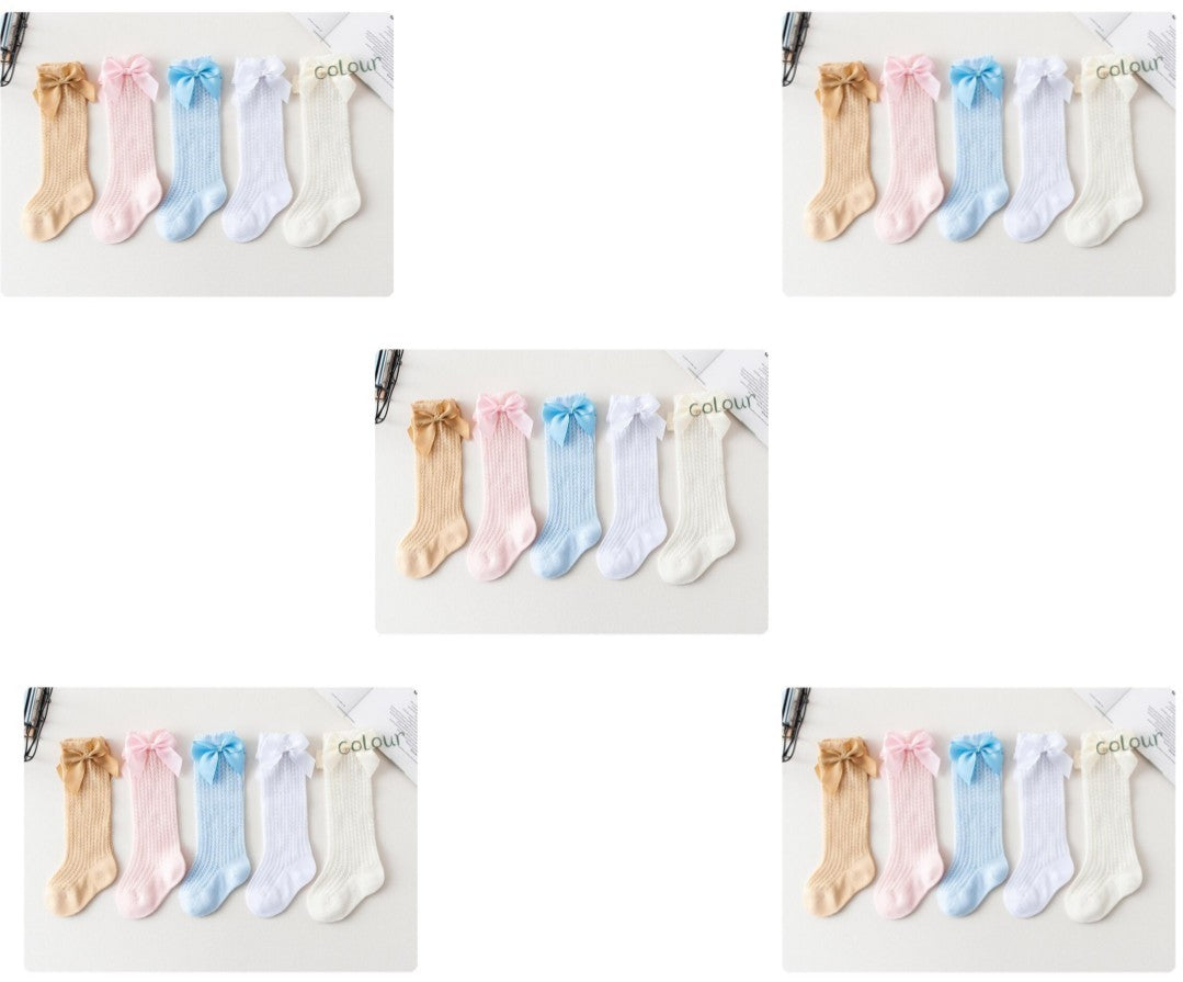 Baby Infants Kids Toddlers Girls Boys Knee High Socks Tights Leg Warmer Ribbon Bow Solid Cotton Stretch Cute Lovely