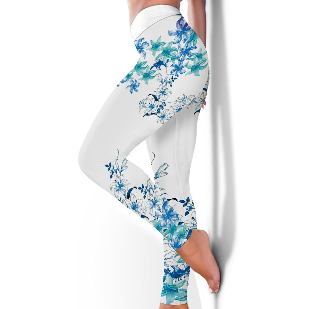 Women's Blue Flower Printed Hip Lifting Tight Pants, Designs you won't find around